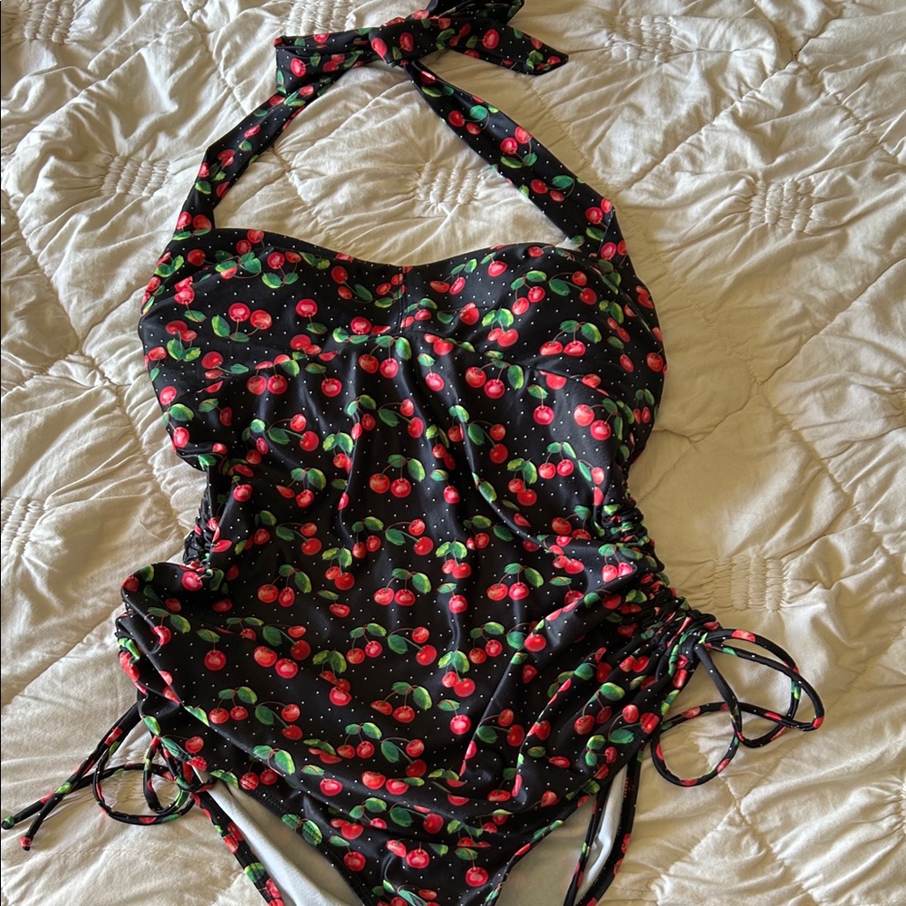 Women’s westerly type pinup Black Cherry Halter One-Piece Swimsuit